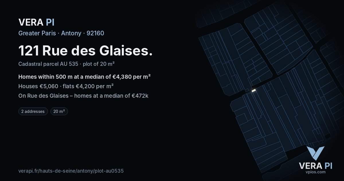 121 Rue des Glaises, Antony at night – the plot lit, the parcels around coloured by the prices near them