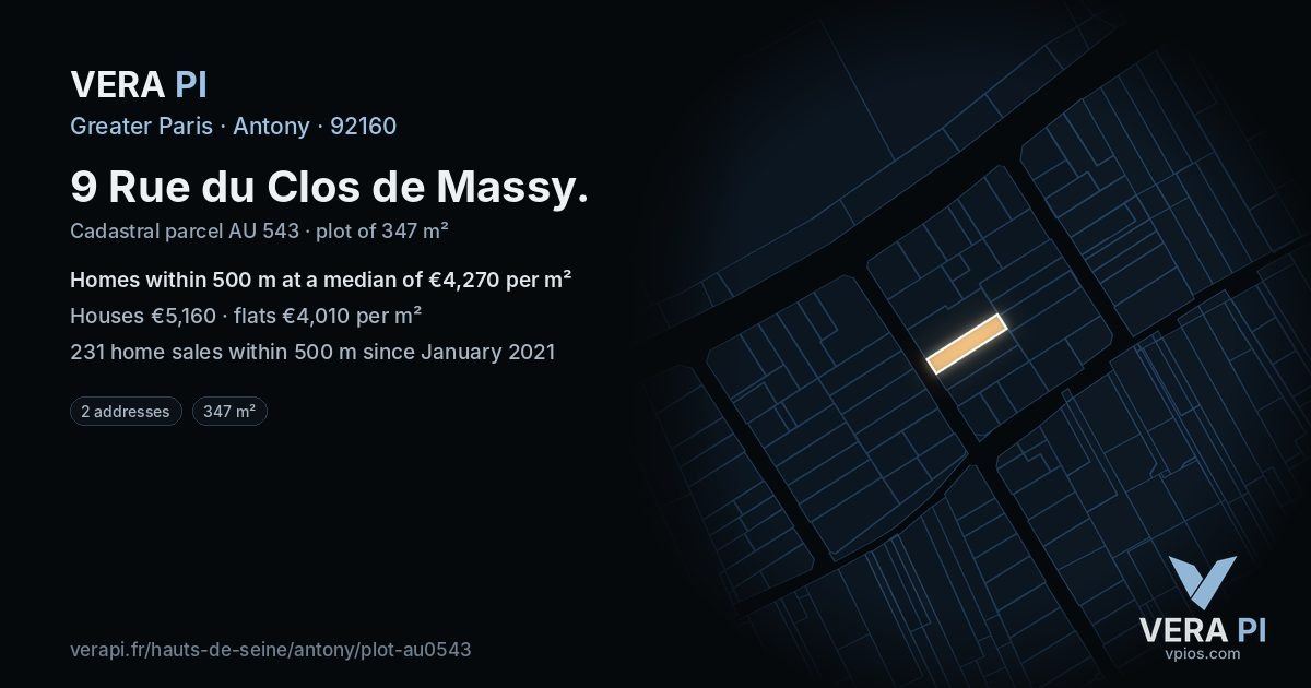 9 Rue du Clos de Massy, Antony at night – the plot lit, the parcels around coloured by the prices near them