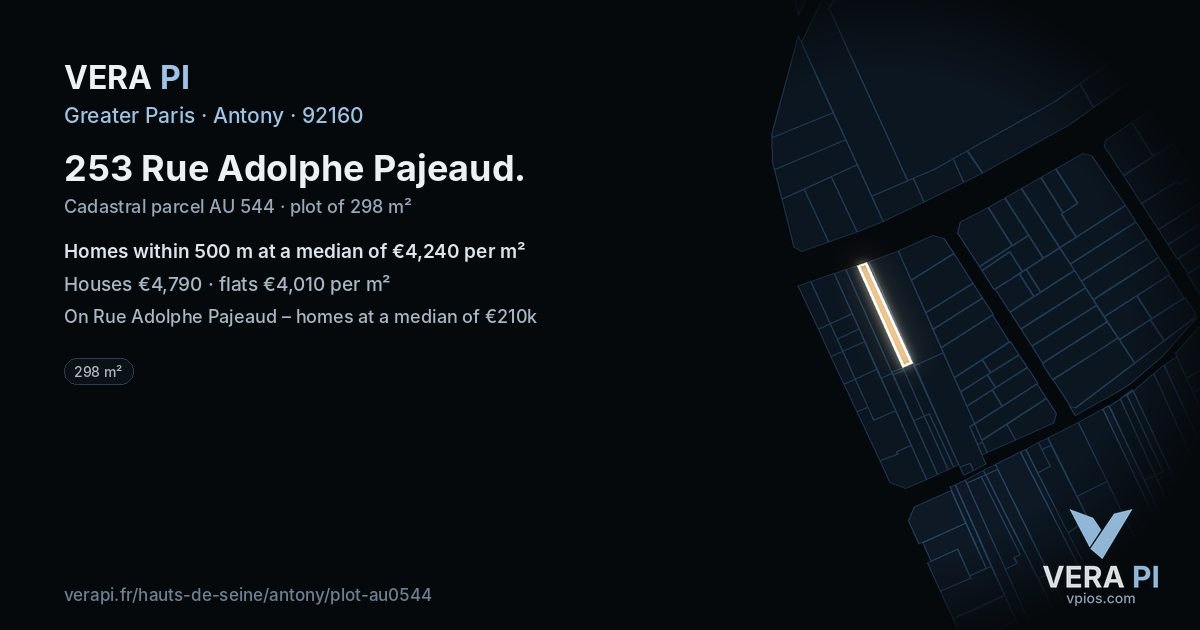 253 Rue Adolphe Pajeaud, Antony at night – the plot lit, the parcels around coloured by the prices near them