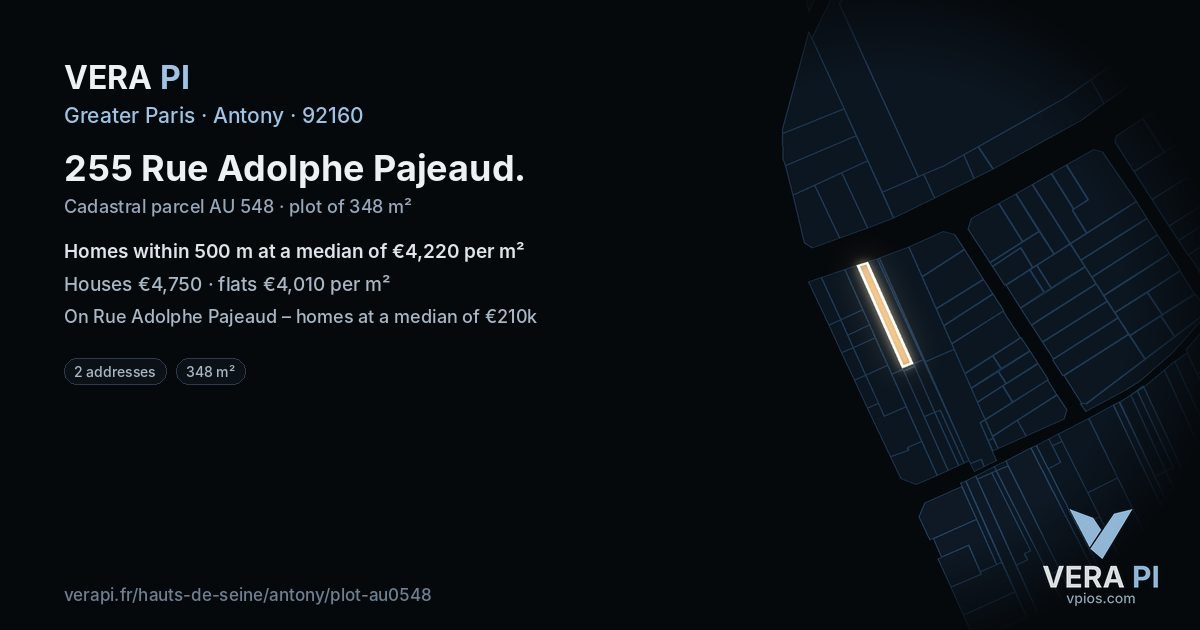 255 Rue Adolphe Pajeaud, Antony at night – the plot lit, the parcels around coloured by the prices near them