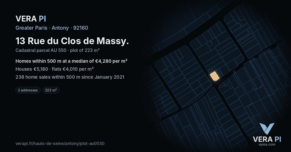13 Rue du Clos de Massy, Antony at night – the plot lit, the parcels around coloured by the prices near them