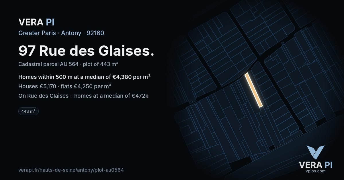97 Rue des Glaises, Antony at night – the plot lit, the parcels around coloured by the prices near them