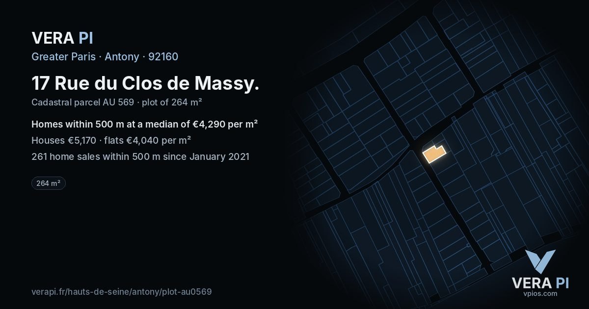 17 Rue du Clos de Massy, Antony at night – the plot lit, the parcels around coloured by the prices near them