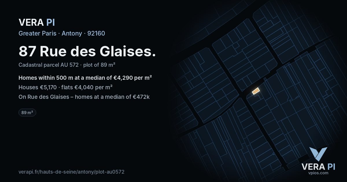 87 Rue des Glaises, Antony at night – the plot lit, the parcels around coloured by the prices near them