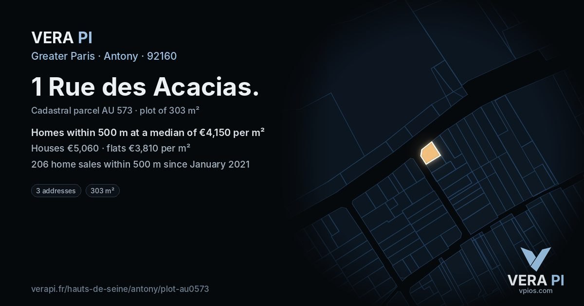 1 Rue des Acacias, Antony at night – the plot lit, the parcels around coloured by the prices near them