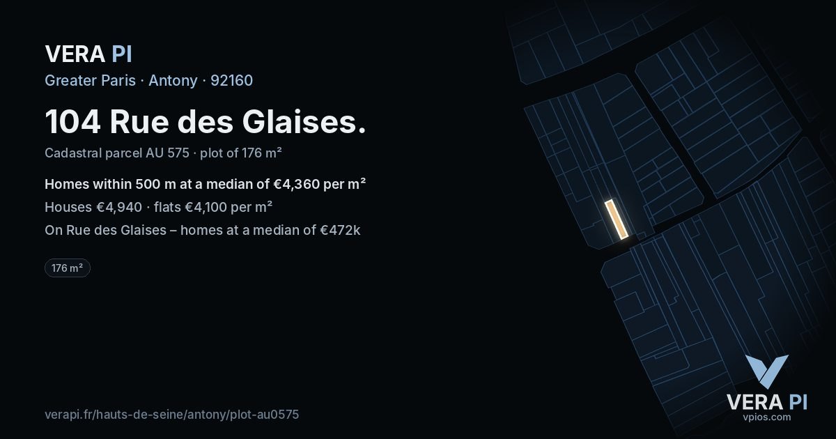 104 Rue des Glaises, Antony at night – the plot lit, the parcels around coloured by the prices near them