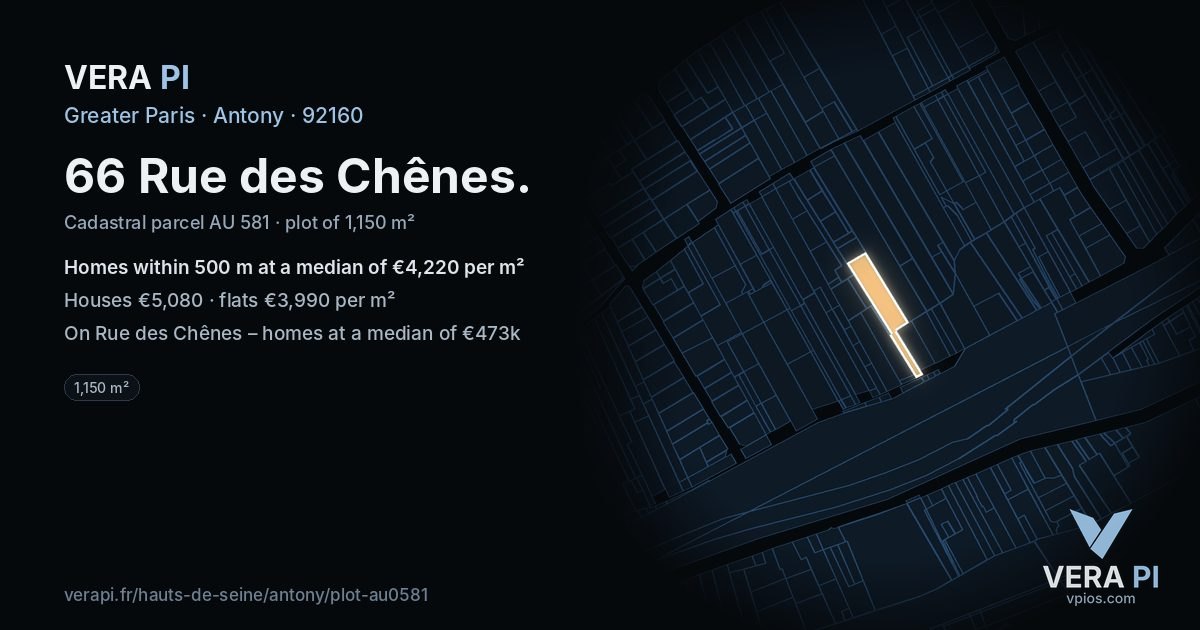 66 Rue des Chênes, Antony at night – the plot lit, the parcels around coloured by the prices near them