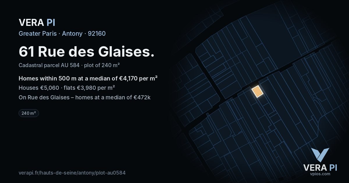 61 Rue des Glaises, Antony at night – the plot lit, the parcels around coloured by the prices near them
