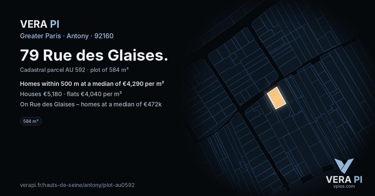 79 Rue des Glaises, Antony at night – the plot lit, the parcels around coloured by the prices near them