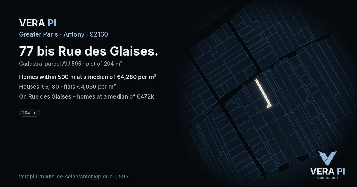 77 bis Rue des Glaises, Antony at night – the plot lit, the parcels around coloured by the prices near them