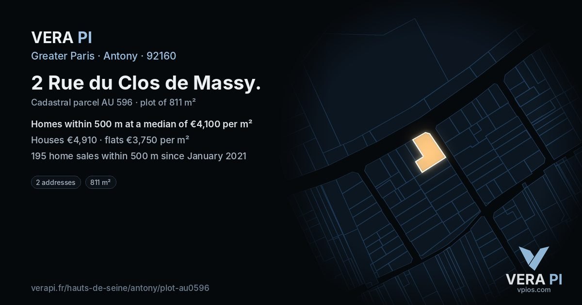 2 Rue du Clos de Massy, Antony at night – the plot lit, the parcels around coloured by the prices near them