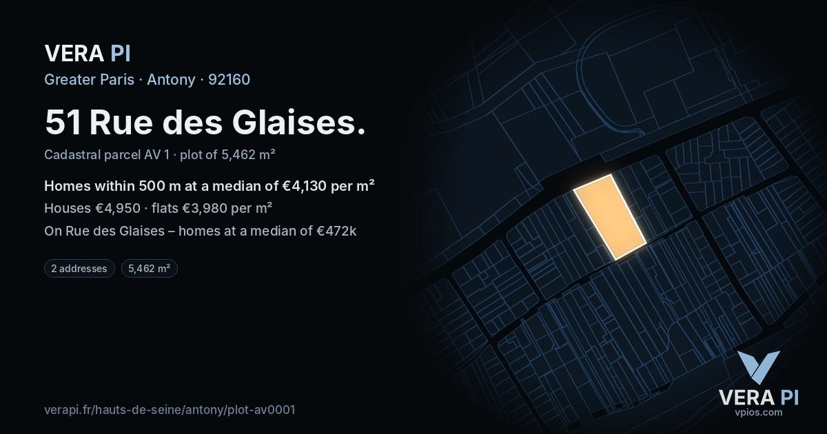 51 Rue des Glaises, Antony at night – the plot lit, the parcels around coloured by the prices near them