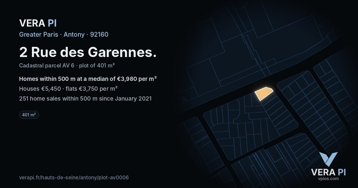 2 Rue des Garennes, Antony at night – the plot lit, the parcels around coloured by the prices near them