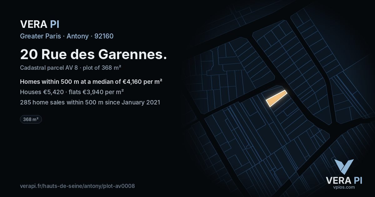 20 Rue des Garennes, Antony at night – the plot lit, the parcels around coloured by the prices near them