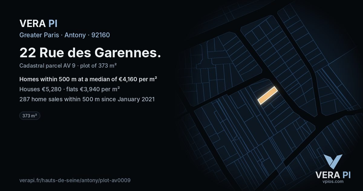 22 Rue des Garennes, Antony at night – the plot lit, the parcels around coloured by the prices near them