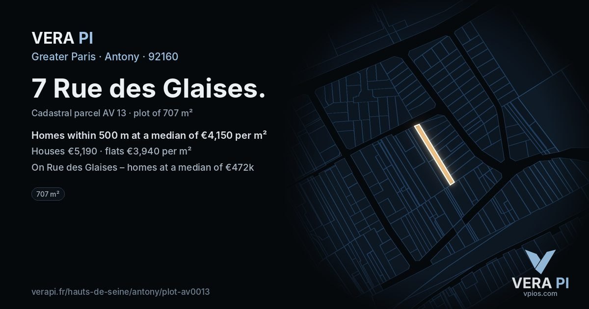 7 Rue des Glaises, Antony at night – the plot lit, the parcels around coloured by the prices near them