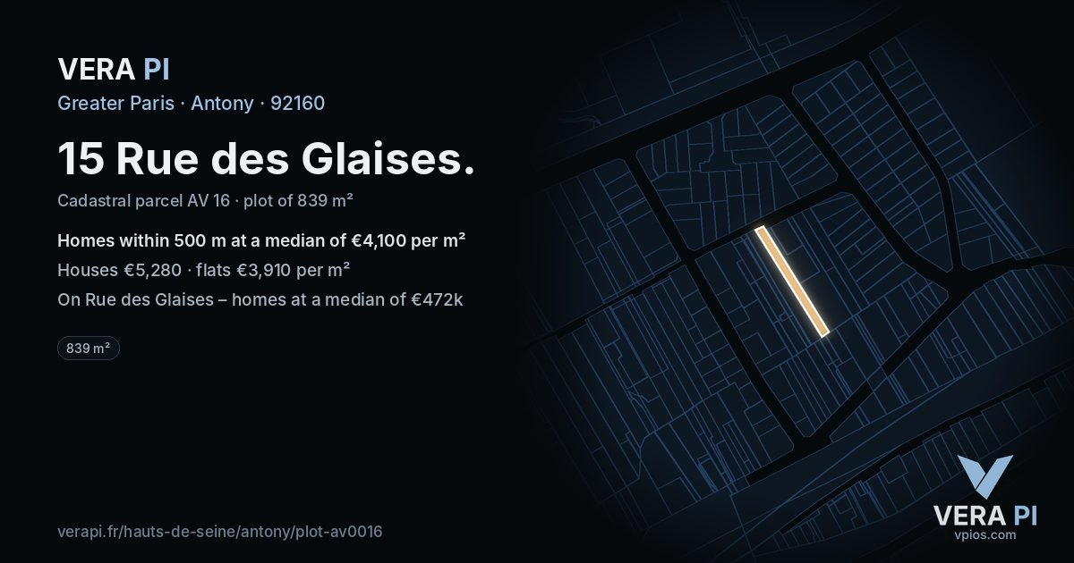 15 Rue des Glaises, Antony at night – the plot lit, the parcels around coloured by the prices near them