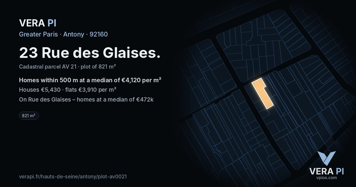 23 Rue des Glaises, Antony at night – the plot lit, the parcels around coloured by the prices near them