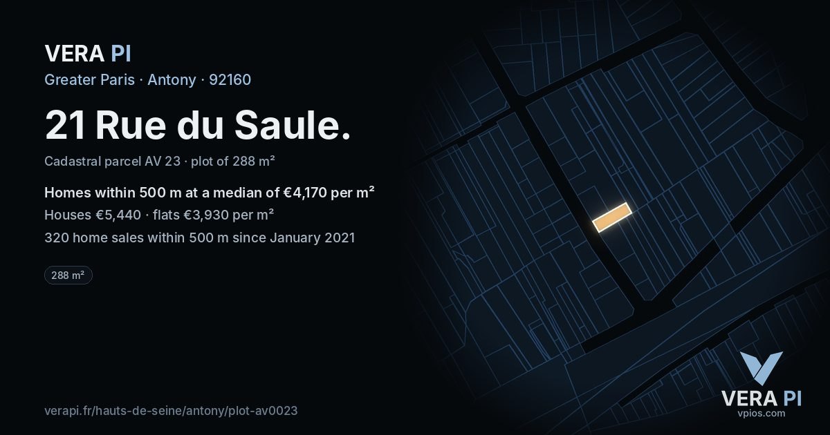21 Rue du Saule, Antony at night – the plot lit, the parcels around coloured by the prices near them