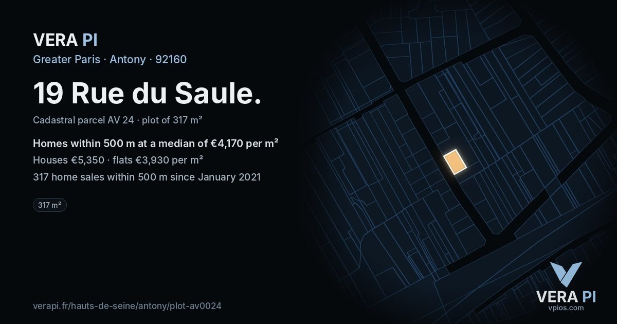19 Rue du Saule, Antony at night – the plot lit, the parcels around coloured by the prices near them