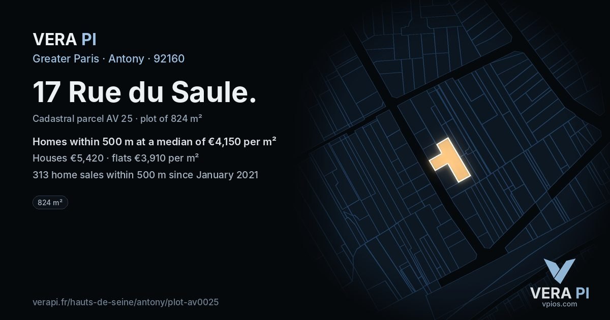 17 Rue du Saule, Antony at night – the plot lit, the parcels around coloured by the prices near them