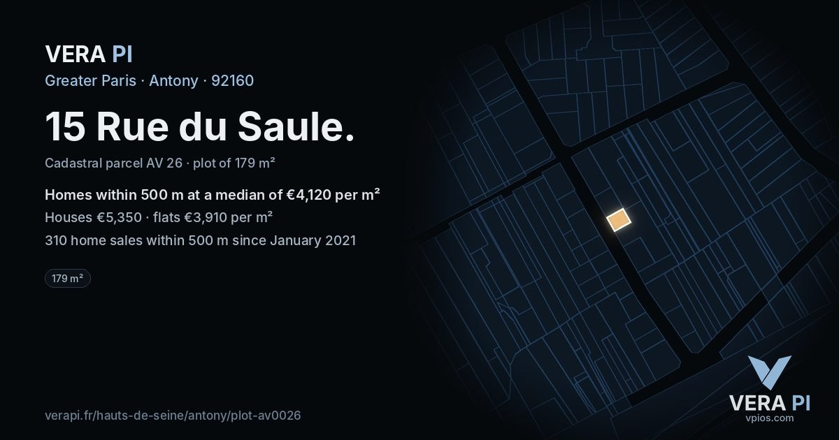 15 Rue du Saule, Antony at night – the plot lit, the parcels around coloured by the prices near them