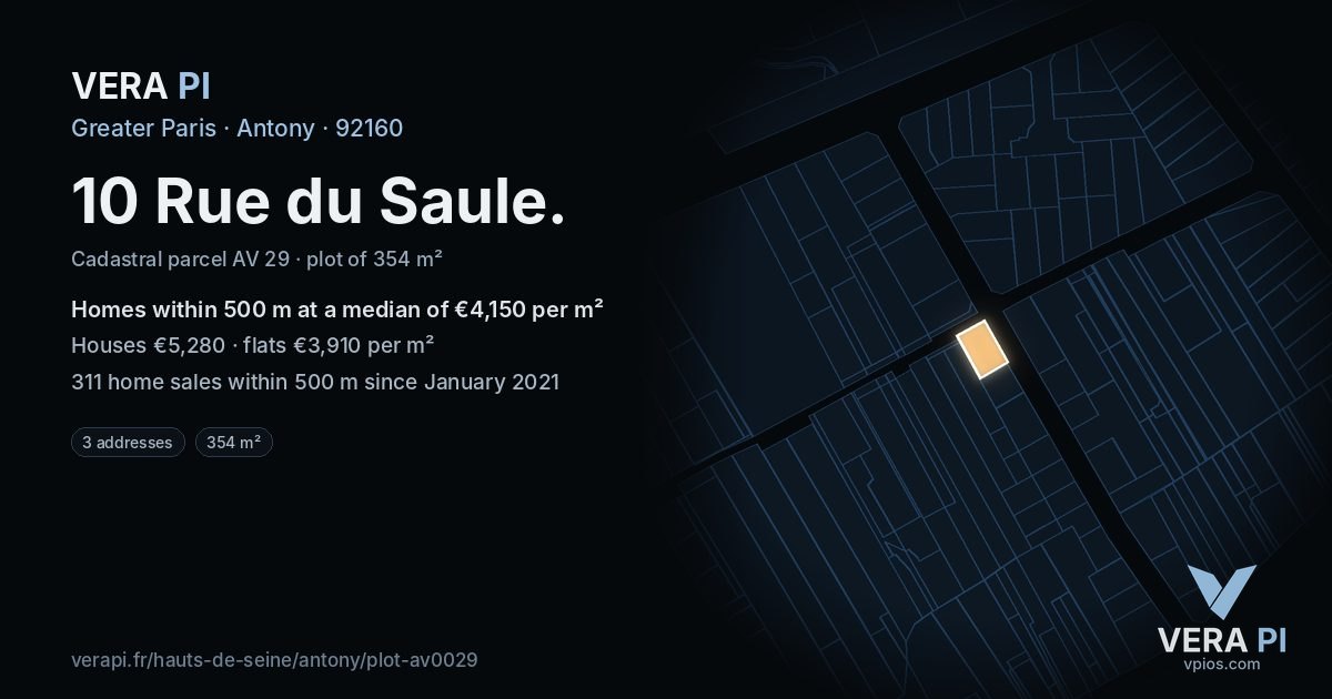 10 Rue du Saule, Antony at night – the plot lit, the parcels around coloured by the prices near them