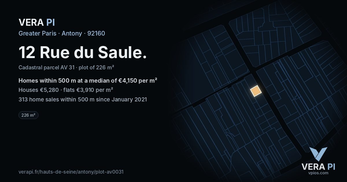 12 Rue du Saule, Antony at night – the plot lit, the parcels around coloured by the prices near them