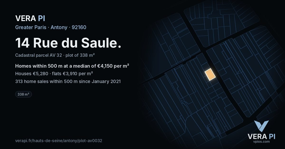 14 Rue du Saule, Antony at night – the plot lit, the parcels around coloured by the prices near them