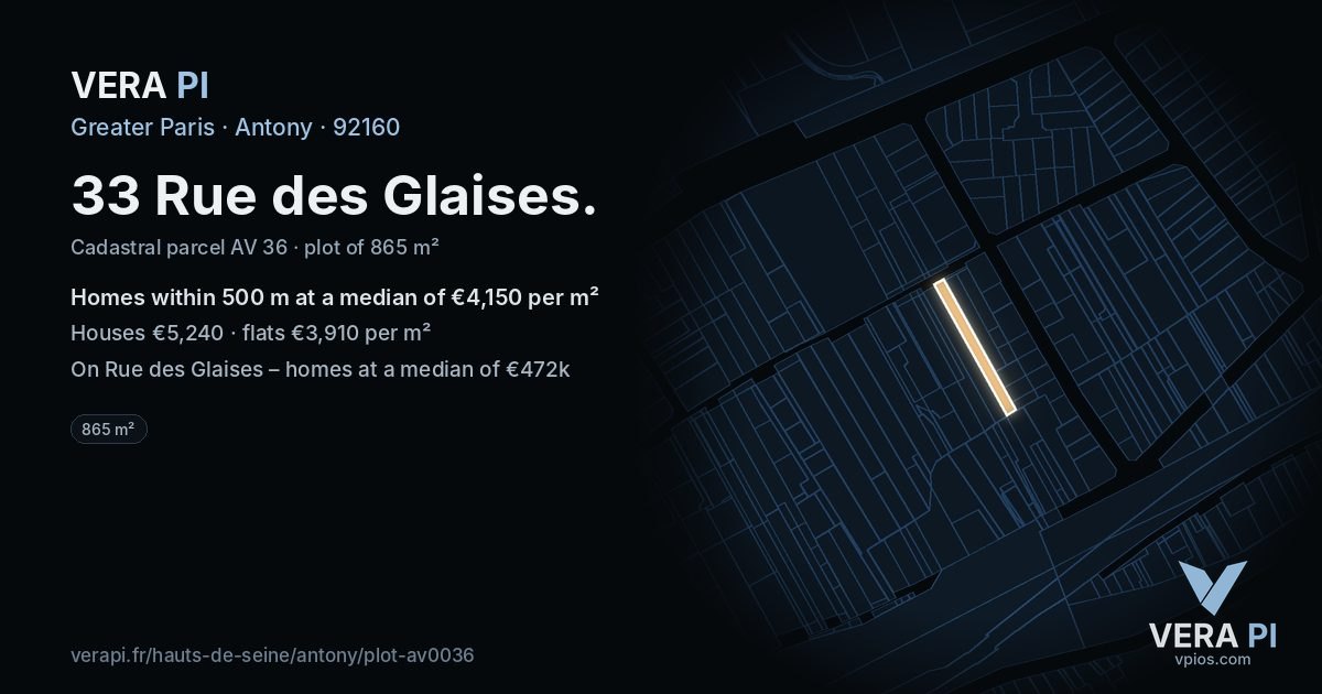 33 Rue des Glaises, Antony at night – the plot lit, the parcels around coloured by the prices near them