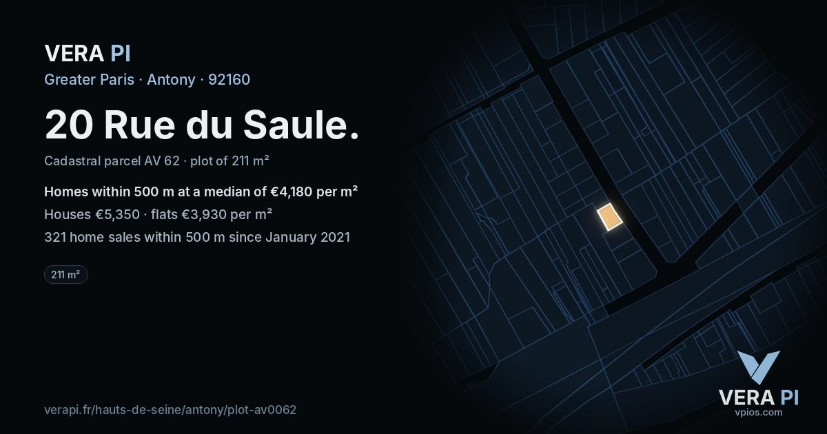 20 Rue du Saule, Antony at night – the plot lit, the parcels around coloured by the prices near them
