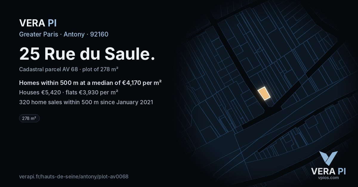 25 Rue du Saule, Antony at night – the plot lit, the parcels around coloured by the prices near them