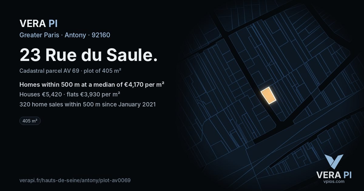 23 Rue du Saule, Antony at night – the plot lit, the parcels around coloured by the prices near them