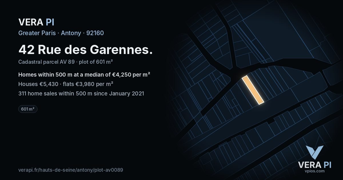42 Rue des Garennes, Antony at night – the plot lit, the parcels around coloured by the prices near them