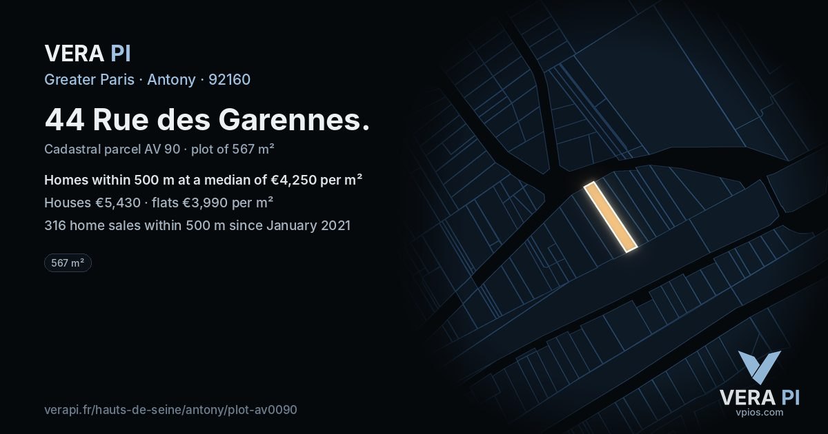 44 Rue des Garennes, Antony at night – the plot lit, the parcels around coloured by the prices near them