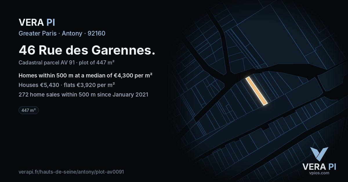 46 Rue des Garennes, Antony at night – the plot lit, the parcels around coloured by the prices near them