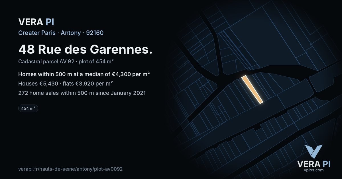48 Rue des Garennes, Antony at night – the plot lit, the parcels around coloured by the prices near them