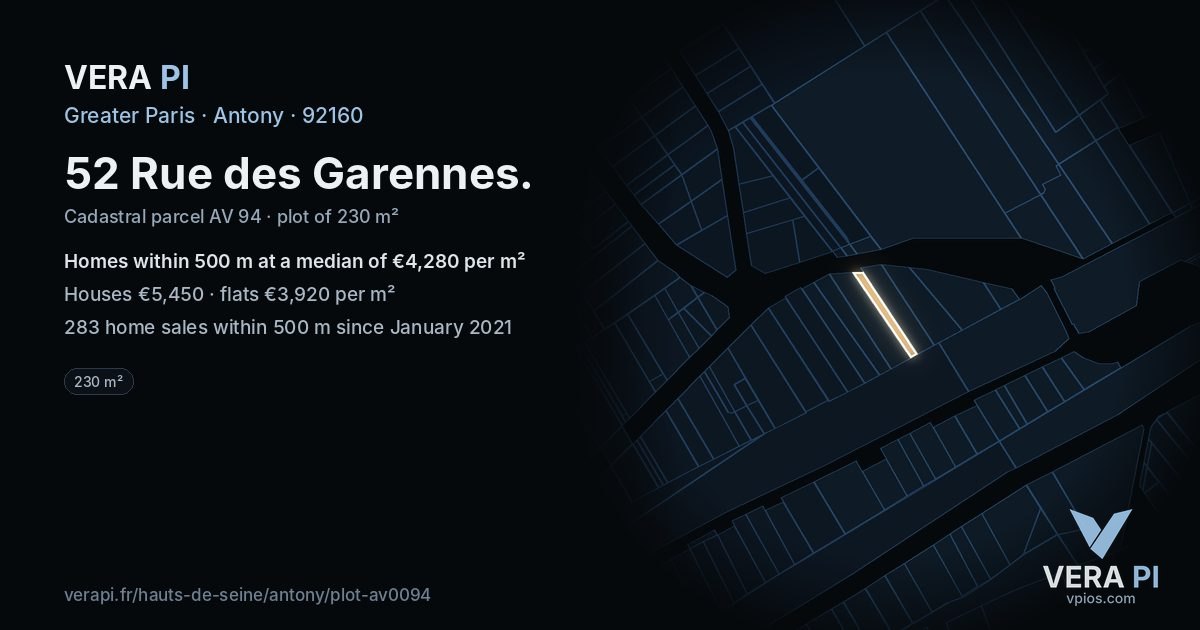 52 Rue des Garennes, Antony at night – the plot lit, the parcels around coloured by the prices near them