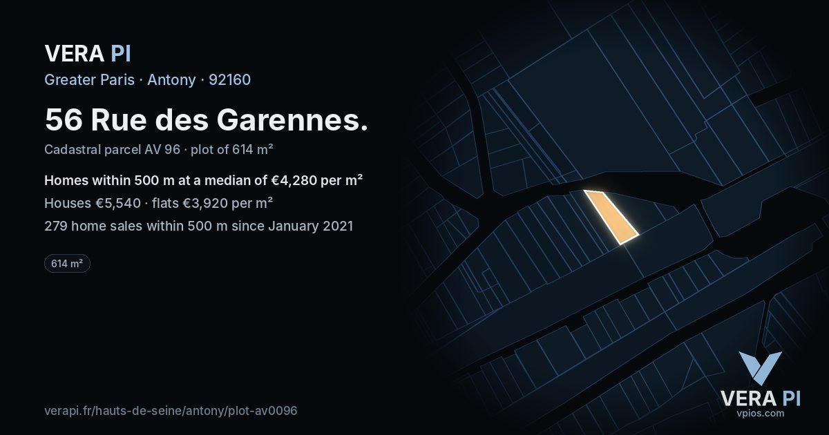 56 Rue des Garennes, Antony at night – the plot lit, the parcels around coloured by the prices near them