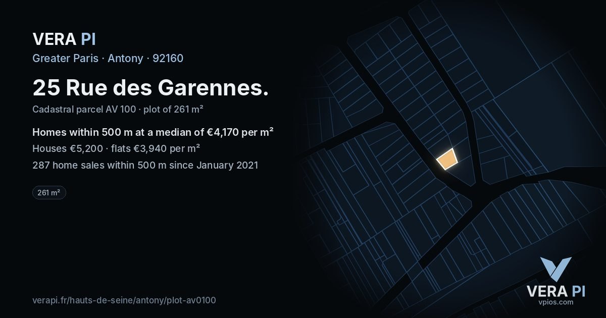 25 Rue des Garennes, Antony at night – the plot lit, the parcels around coloured by the prices near them