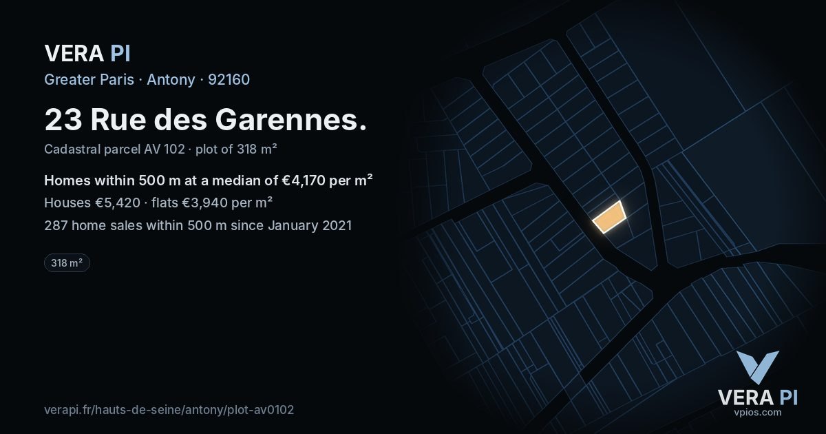23 Rue des Garennes, Antony at night – the plot lit, the parcels around coloured by the prices near them