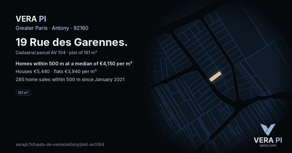 19 Rue des Garennes, Antony at night – the plot lit, the parcels around coloured by the prices near them