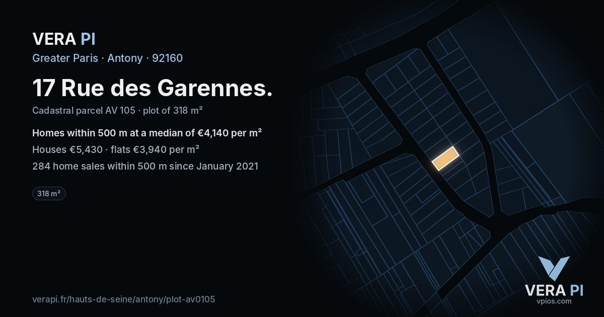 17 Rue des Garennes, Antony at night – the plot lit, the parcels around coloured by the prices near them