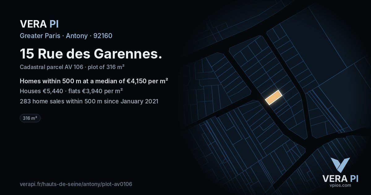 15 Rue des Garennes, Antony at night – the plot lit, the parcels around coloured by the prices near them