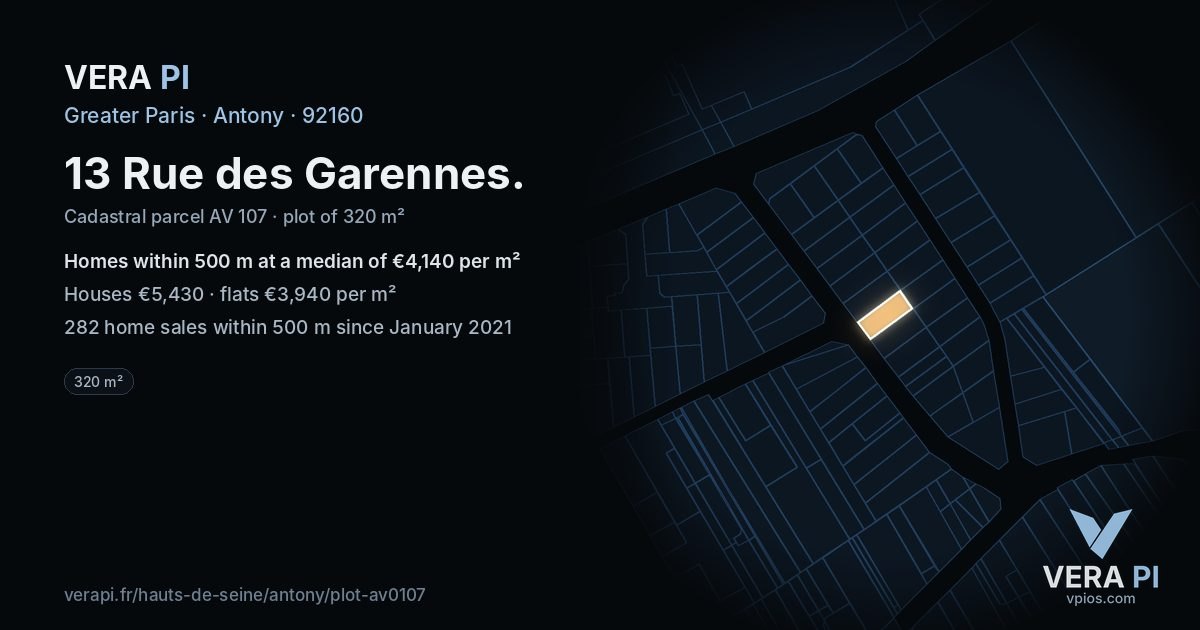 13 Rue des Garennes, Antony at night – the plot lit, the parcels around coloured by the prices near them
