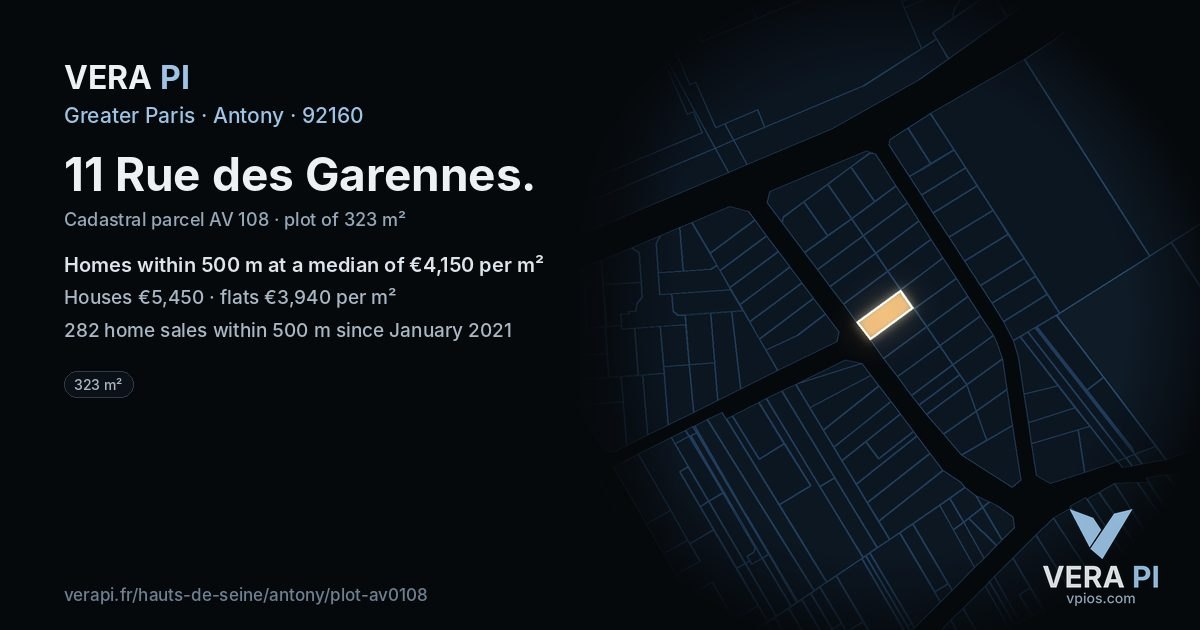 11 Rue des Garennes, Antony at night – the plot lit, the parcels around coloured by the prices near them