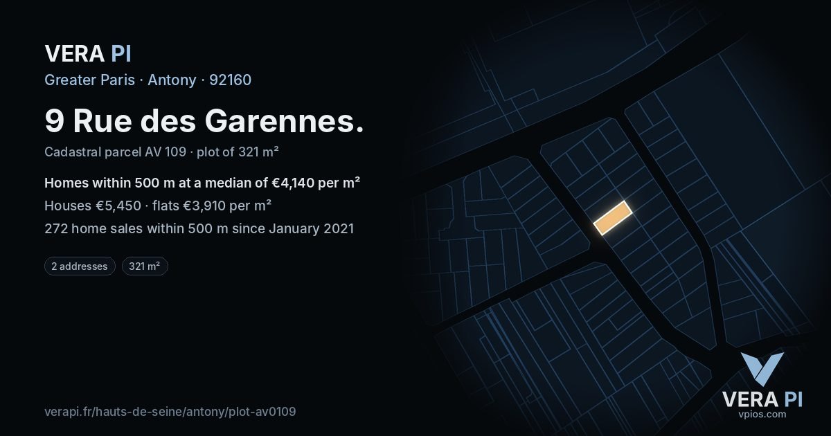 9 Rue des Garennes, Antony at night – the plot lit, the parcels around coloured by the prices near them