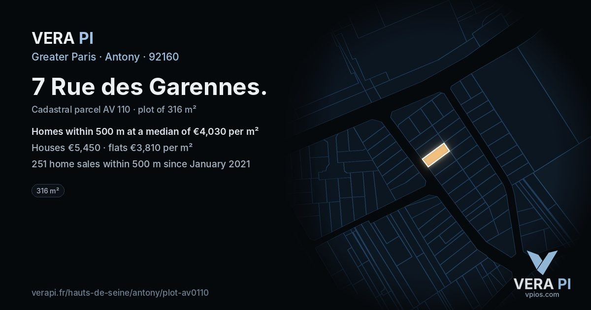 7 Rue des Garennes, Antony at night – the plot lit, the parcels around coloured by the prices near them