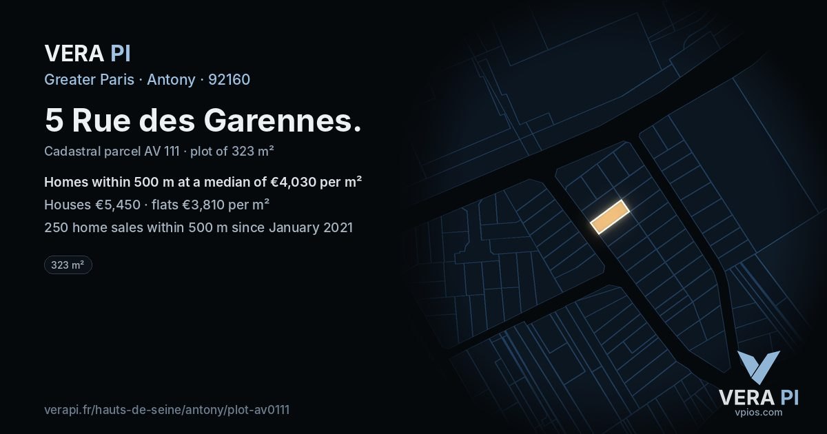 5 Rue des Garennes, Antony at night – the plot lit, the parcels around coloured by the prices near them
