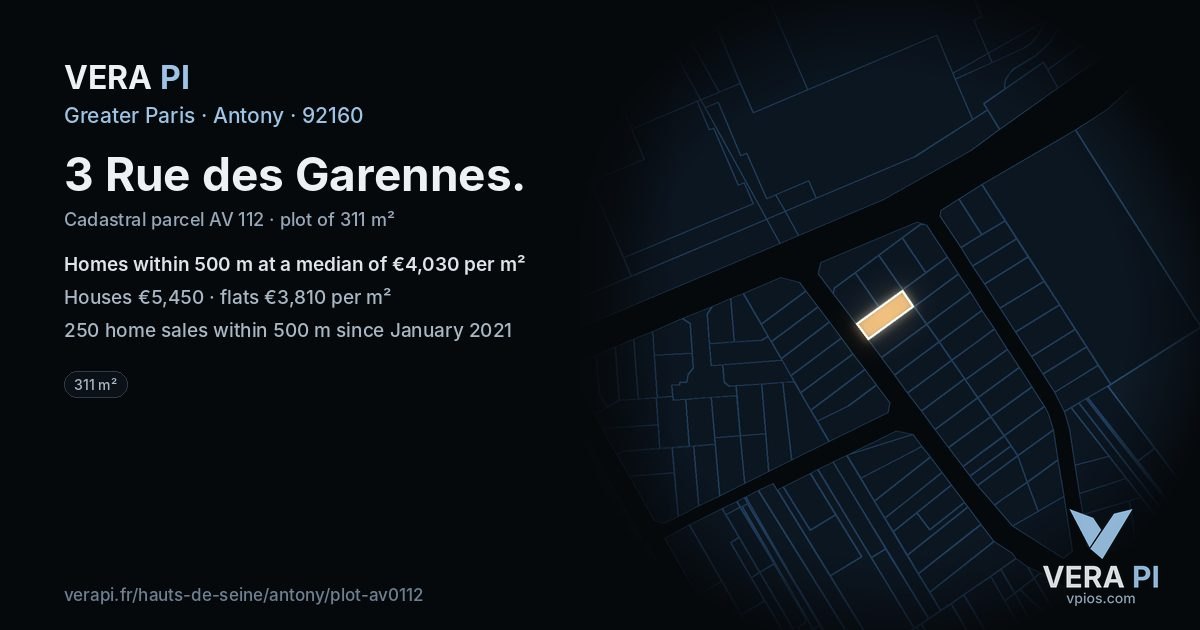3 Rue des Garennes, Antony at night – the plot lit, the parcels around coloured by the prices near them